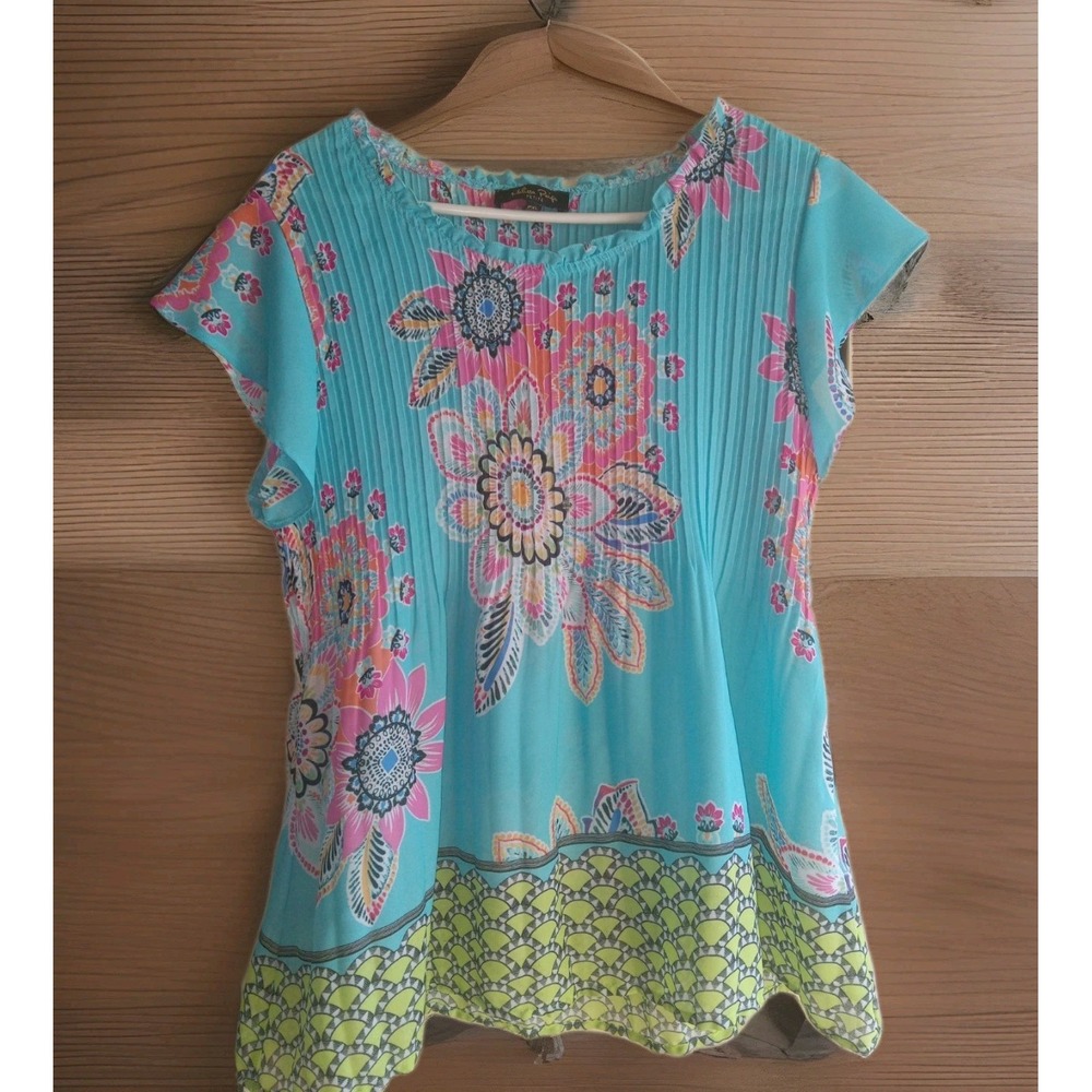 Melissa Paige Top Women's PXL Smock Pleated Leaf Print Boho Tunic‎ Blouse